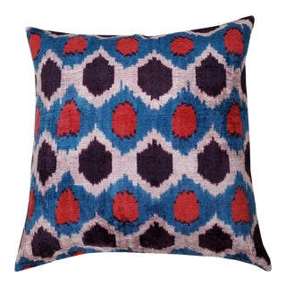 Silk Uzbek Ikat Velvet Hand Made Square Pillow Cushion,19x19 For Sale