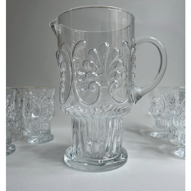 Vintage Pilgrim Glass "Adams" Clear Set of 8 Pedestal Glasses + Pitcher For Sale - Image 10 of 18