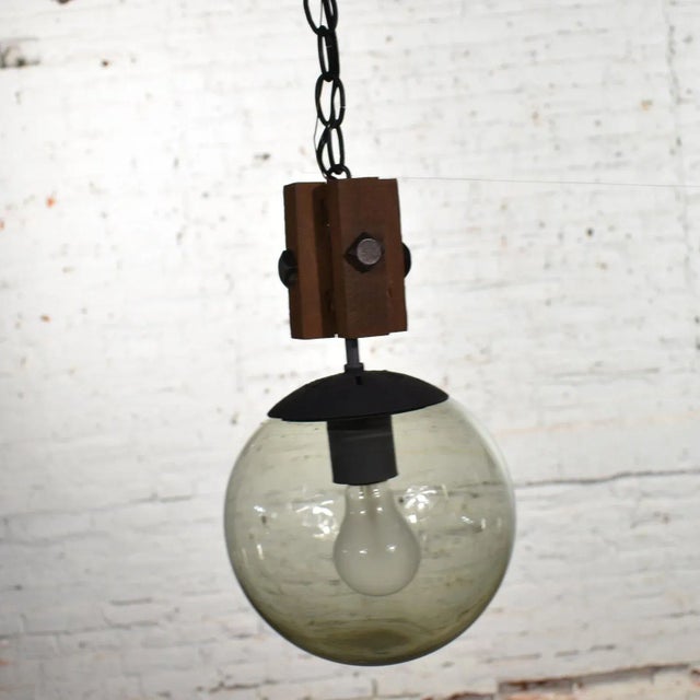 Mid Century Modern Brutalist Pendant Light Wood & Smoked Glass Globe Black Chain N O S For Sale - Image 9 of 13