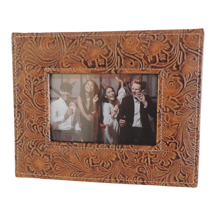brown-leather-tooled-floral-pattern-picture-frame-chairish