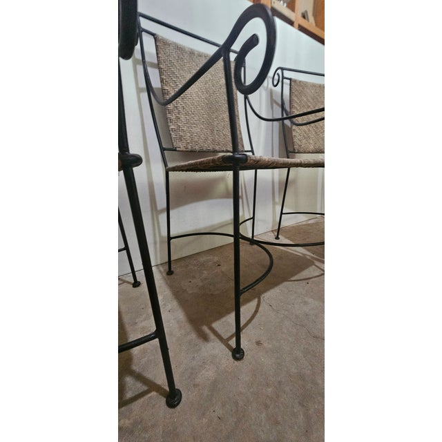 Light Gray Solid Wrought Iron and Raffia/Rattan Uniquely Treated Armchairs - Set of 3 For Sale - Image 8 of 13