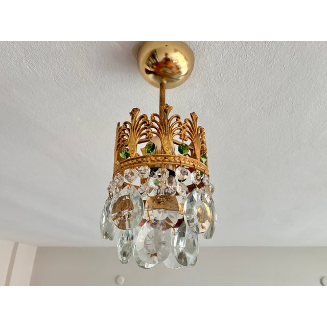 Vintage Small Brass & Emerald Green Crystal Crown Flush Mount – 1 Light For Sale - Image 10 of 18