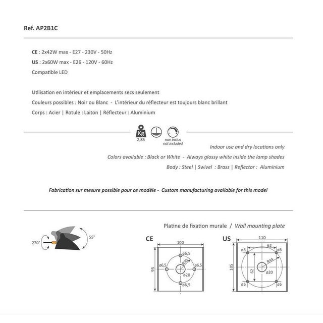 Metal Modern White Two Rotating Straight-Curved Arms Wall Lamp by Serge Mouille For Sale - Image 7 of 9