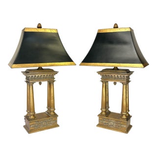 Vintage French Empire Style Bouillotte Lamps With Finials and Shades- A Pair For Sale