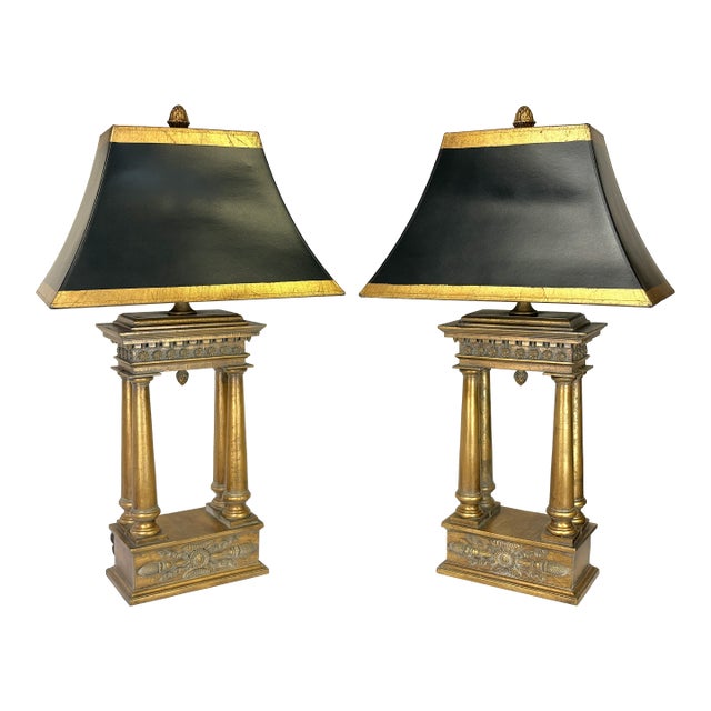 Vintage French Empire Style Bouillotte Lamps With Finials and Shades- A Pair For Sale
