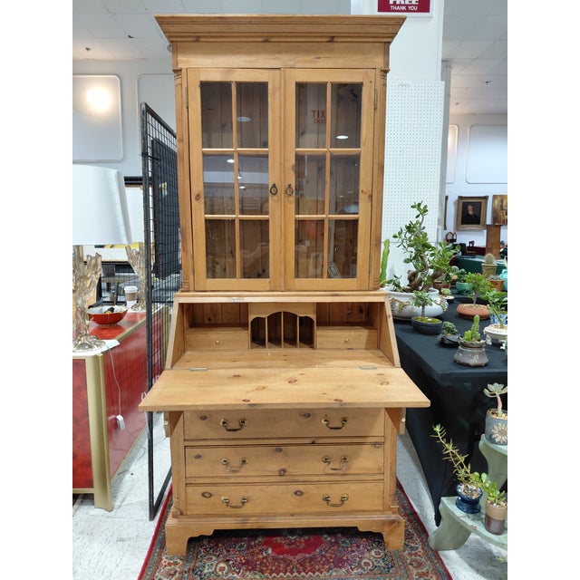 Vintage Country Pine Secretary Desk With Glass-Front Bookcase For Sale - Image 9 of 12