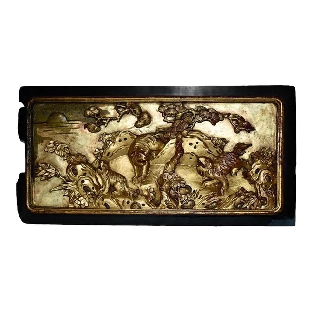 Antique Chinese Carved Figural Wood Plaque in Black & Gilded Finish For Sale