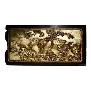 Antique Chinese Carved Figural Wood Plaque in Black & Gilded Finish