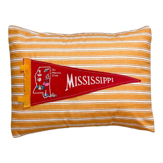 Mississippi Vintage Red Pennant on New Yellow Striped Throw Pillow For Sale
