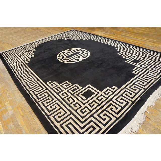 Textile Glamorous Black Ground Color With White Color Greek Key Pattern Vintage Chinese Art Deco Rug For Sale - Image 7 of 11