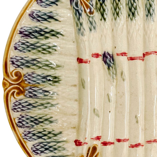 French Provincial Antique French Barbotine Asparagus Plate With Scalloped Sauce Well, Circa 1890 For Sale - Image 3 of 7