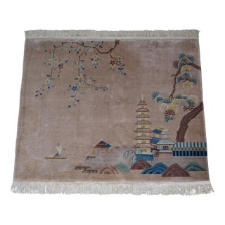 Antique Chinese Thick Knotted Wool Rug with Pagoda Temple and Floral Trees, 1920s For Sale