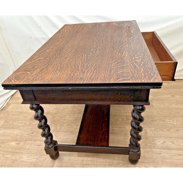 Antique Barley-Twist Tiger Oak Library Desk Writing Table Jacobean Revival Shelf For Sale - Image 9 of 13
