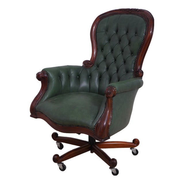 Carved Mahogany Frame Green Leather Office Desk Chair For Sale