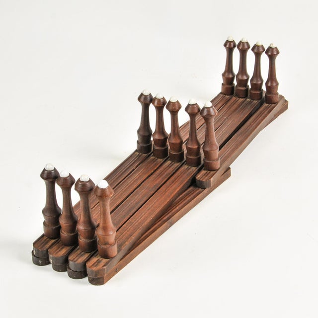 American Antique Accordion Peg Holder With Porcelain Caps | Wall Mount Early 1900's Expandable Peg Rack For Sale - Image 3 of 14