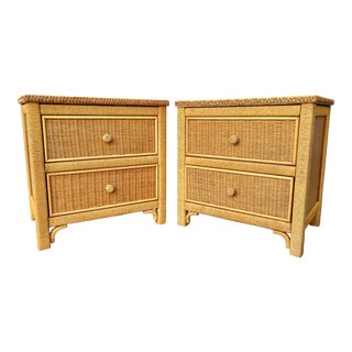 1980s Vintage Coastal Style Wicker Nightstands by Henry Link for Lexington - a Pair For Sale