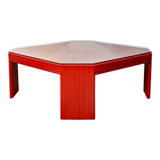 Octagonal Italian Red Lacquered Split Bamboo Reed Floating Glass Top Coffee Table For Sale