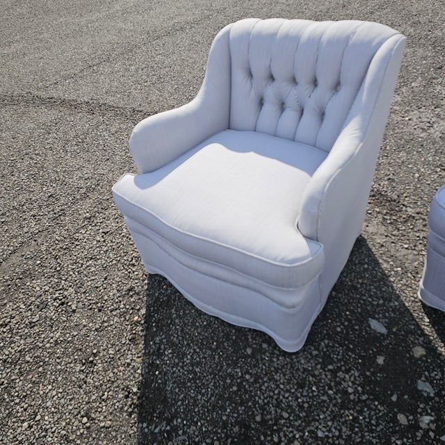 1950s 1950s Art Deco/Hollywood Regency Tufted Pin Stripe Club Chairs For Sale - Image 5 of 11