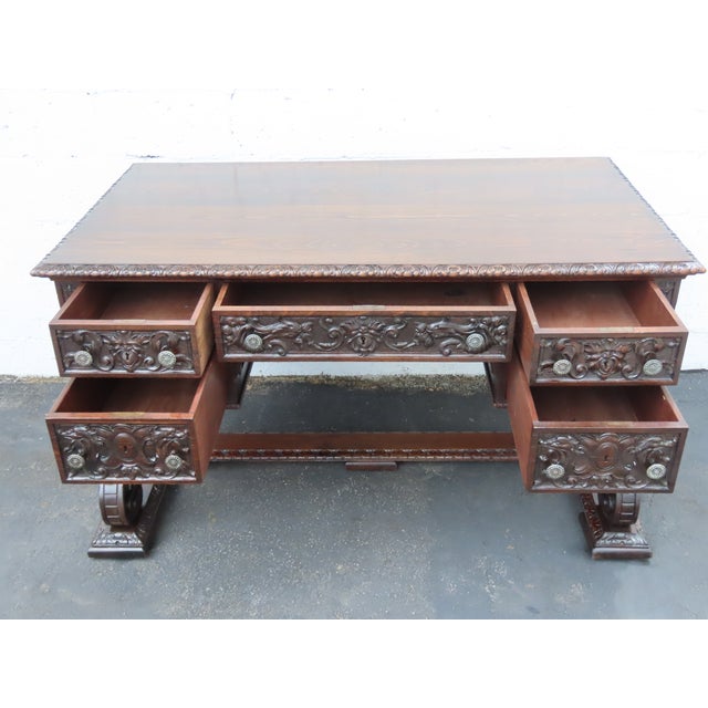 Late 1800s Victorian Large Heavy Hand Carved Cherub Partner Desk 6656 For Sale - Image 16 of 17