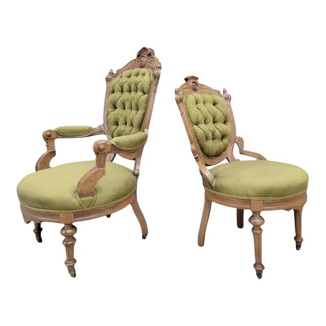 Antique Victorian John Jelliff Style Tufted Parlor Chairs - Set of 2 For Sale