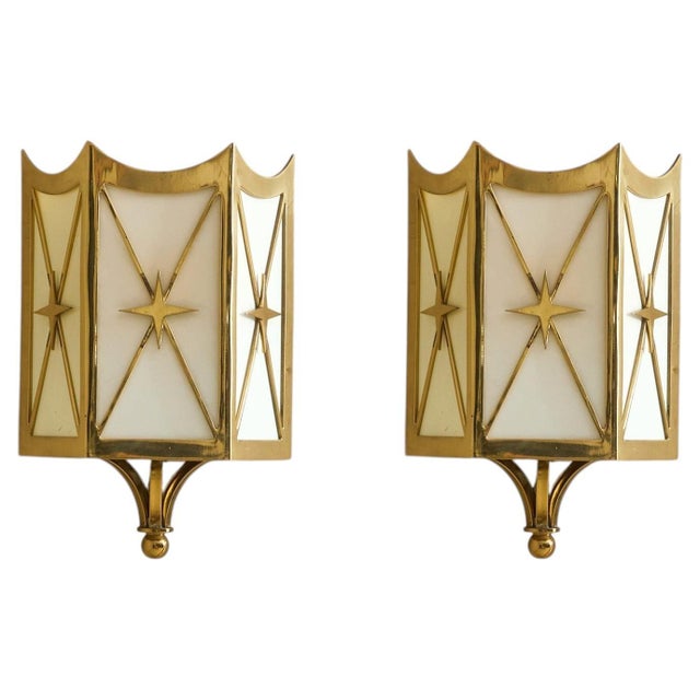 Pair of French Brass Starburst Motif Sconces, 1950s For Sale