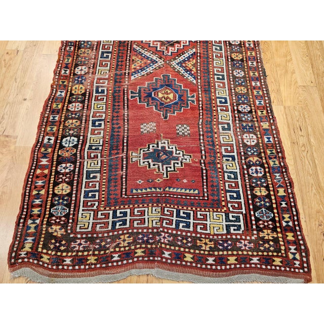 19th Century Caucasian Kazak Rug, Hand-Knotted Wool, Geometric Medallions, 4' x 9' For Sale - Image 12 of 17