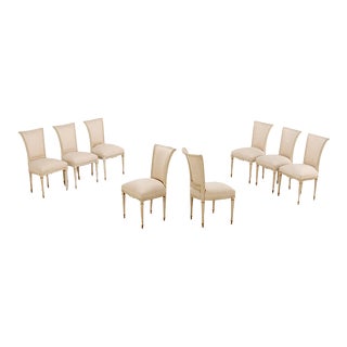 Eight Painted and Gilt Louis XVI Style Dining Chairs Circa 1950. For Sale