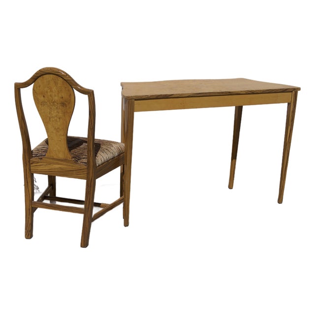 Sheraton-Style Zebrawood and Burl Serpentine Edge Console Table With Matching Zebra Side Chair For Sale