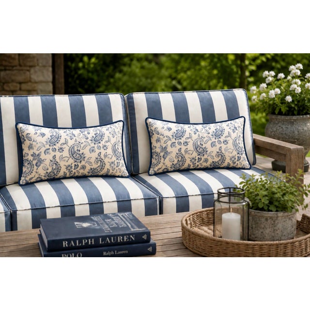 One Pair of Ralph Lauren lumber indoor outdoor pillows with poly inserts included. The fabric is blue and off white with...