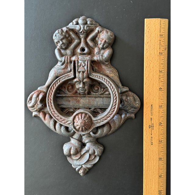 Metal Vintage Cast Iron Door Knocker Ft. Cherub Motif 6.5" X 9" Heavy-Duty For Sale - Image 7 of 9