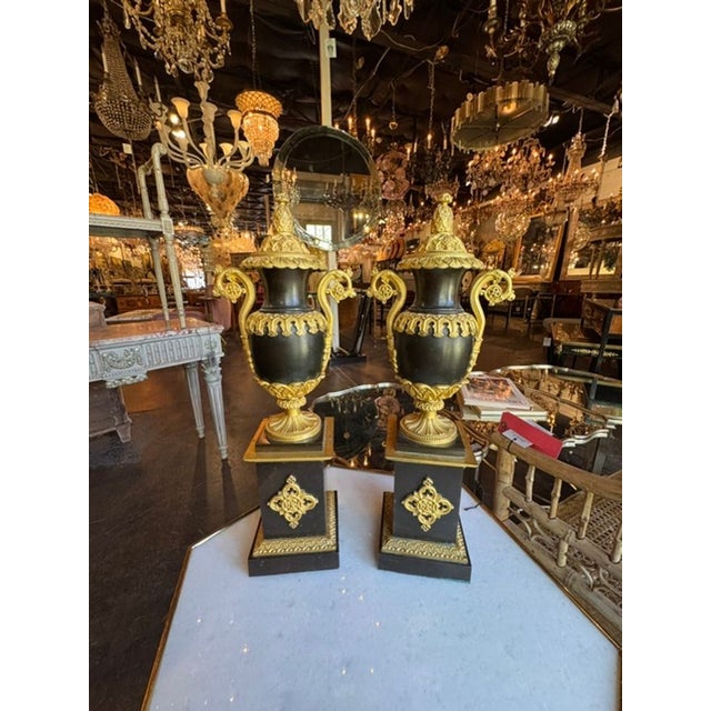 Traditional Pair of 19th C. French Bronze Urns For Sale - Image 3 of 6