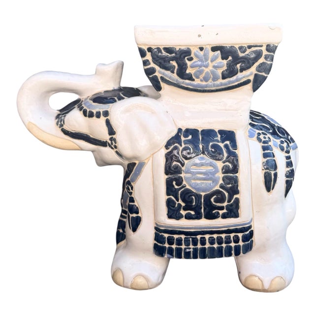 Vintage Hollywood Regency Style Blue and White Ceramic Tabletop Elephant Planter For Sale