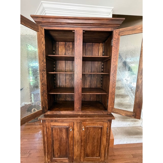 French Country Antique-Style Pine Step-Back Hutch With Wavy Seedy Glass Doors For Sale - Image 3 of 10
