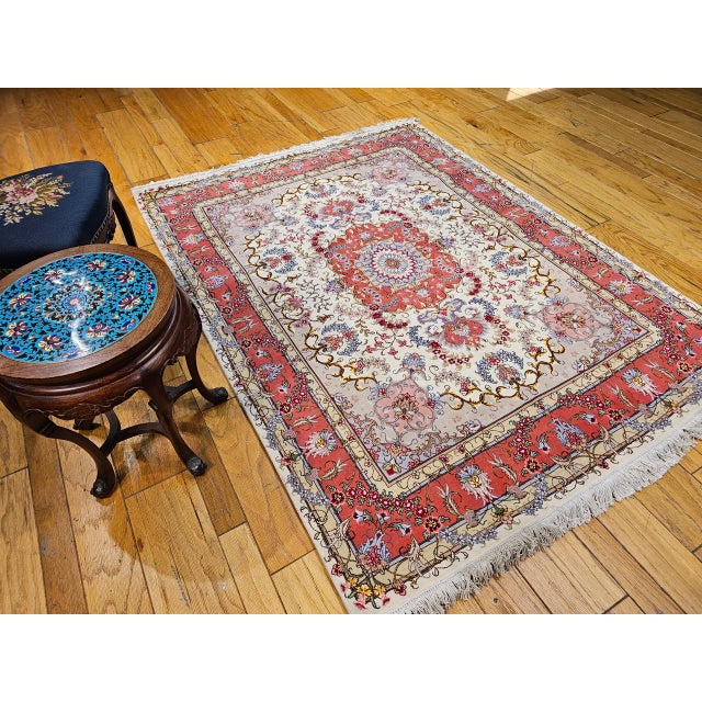 Vintage Persian Tabriz Area Rug, Hand-Knotted Wool & Silk, Floral Pattern, Ivory & Salmon, 5x7 For Sale In Chicago - Image 6 of 16