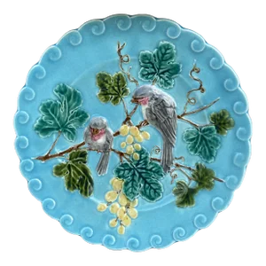 French Majolica Bird and Grapes Plate Sarreguemines, Circa 1880