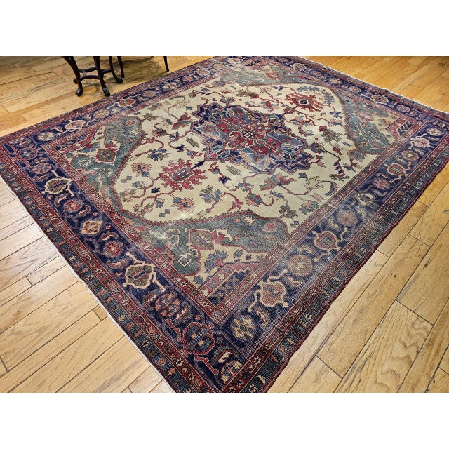 Brown Late 19th-Century Heriz Serapi Rug, Handwoven, Pale Yellow & Green, 8' x 10' For Sale - Image 8 of 18