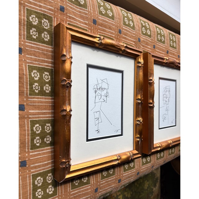 2025 Wellon Bridgers Abstract Ink Drawings, a Pair in Gold Bamboo For Sale - Image 4 of 5