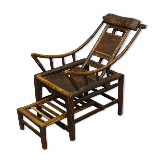 Brown Antique Chinese Handcrafted Bamboo Lounge Chair, 1860s For Sale - Image 8 of 9