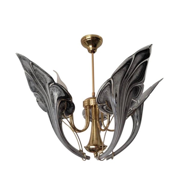 1980s Vintage Black Murano Glass Vintage Chandelier, Lily Floral 1980s 5-Light Flush Mount For Sale - Image 5 of 13