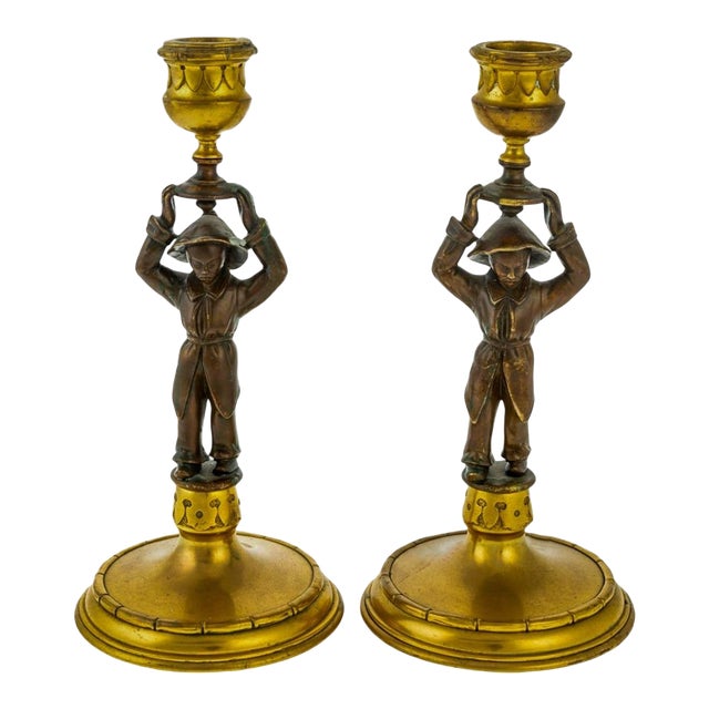20th-C. Regency Style Chinoiserie Bronze / Brass Candlesticks W/ Faux Bamboo S/2 For Sale