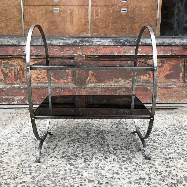 Art Deco 1930s Art Deco Etched Steel and Ebony Glass Two-Tier Side Table For Sale - Image 3 of 9