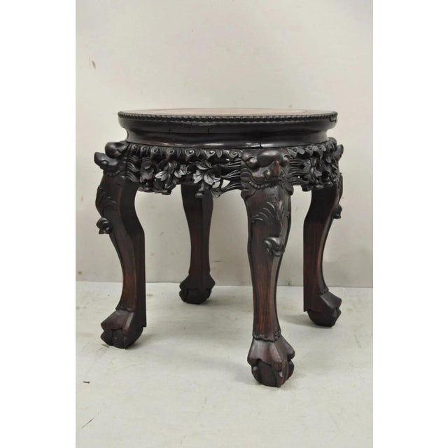 Antique Chinese Carved Hardwood Foo Dog Marble Top 18" Plant Stand Side Table. Item features inset marble top, Foo dog...