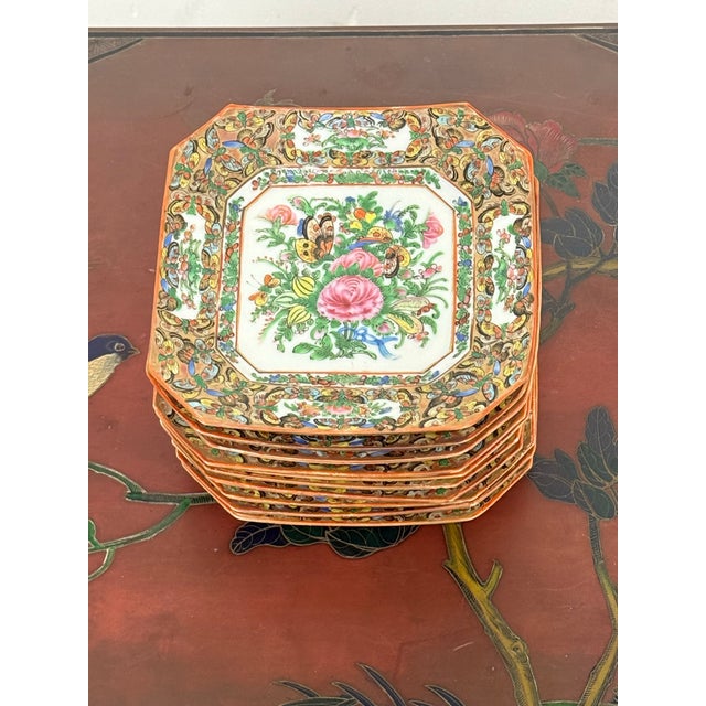 Asian Antique Antique Canton Rose Thousand Butterflies Porcelain Plates, Set of Ten For Sale - Image 3 of 12