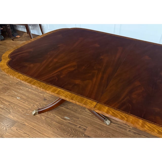 Wood Traditional Mahogany Scallop Cornered Double Pedestal Mahogany Dining Table by Leighton Hall - Showroom Sample For Sale - Image 7 of 15