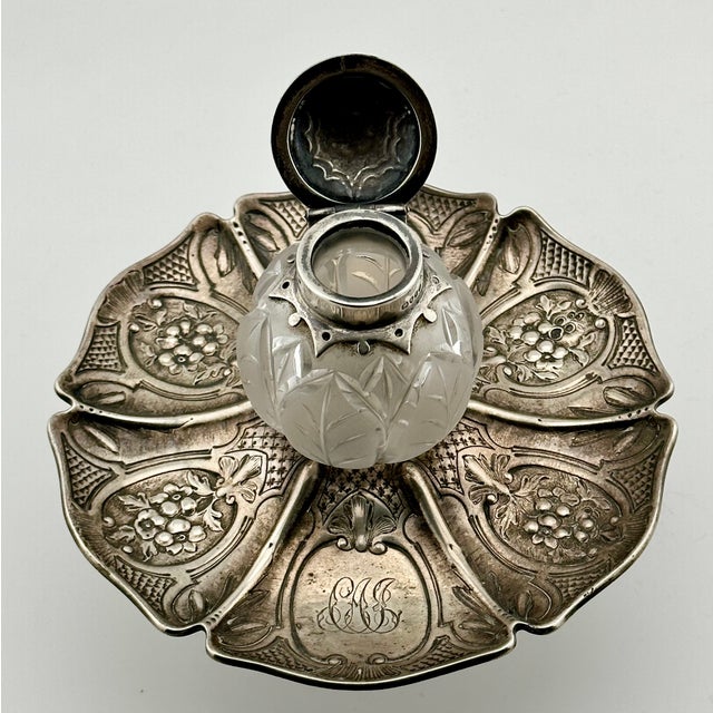 This is an Absolutely Beautiful & Very Fine Quality Antique English Solid Sterling Silver Inkwell. It Is Completely Hand...