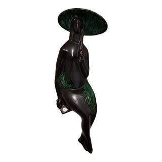 Mid-Century Ceramic Wall Sculpture "Woman With Umbrella" by Jitka Forejtová for Keramo Kostelec – Czechoslovakia, 1960s (Brussels Style) For Sale