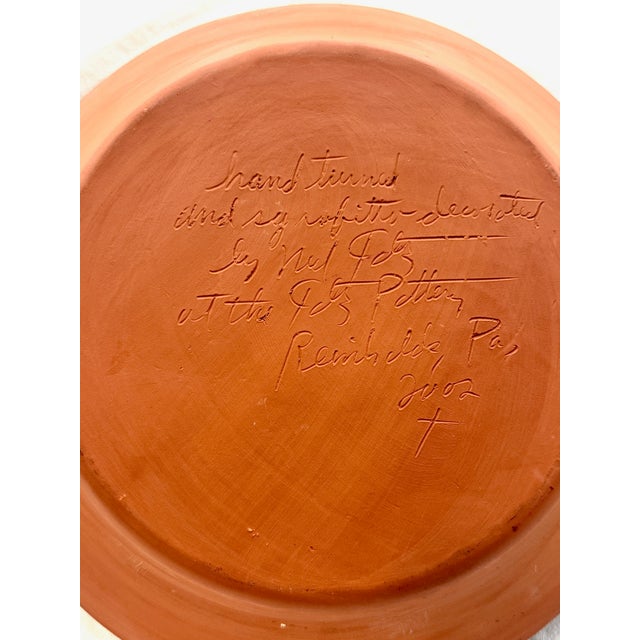 Ned Foltz 2002 Signed Redware Hand Turned and Sgraffito Decorated Large Serving Deep Rimmed Platter For Sale - Image 11 of 12