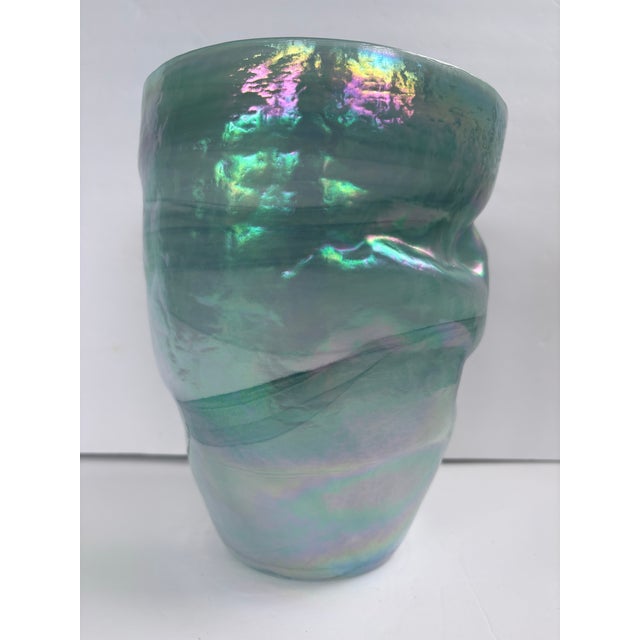 Mid 20th Century Iridescent Aqua Art Glass Vase With Asymmetrical Sculptural Form For Sale In Orlando - Image 6 of 8