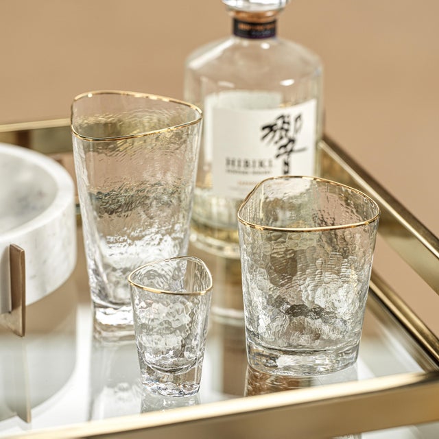 Aperitivo Triangular Shot Glass, Clear w/ Gold Rim - Set Of Six The Aperitivo Triangular collection is a stylish addition...