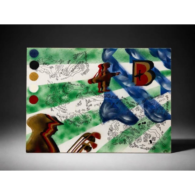 Unique abstract mixed media canvas artwork featuring bold green, blue, red, black, white, and gold tones with layered...